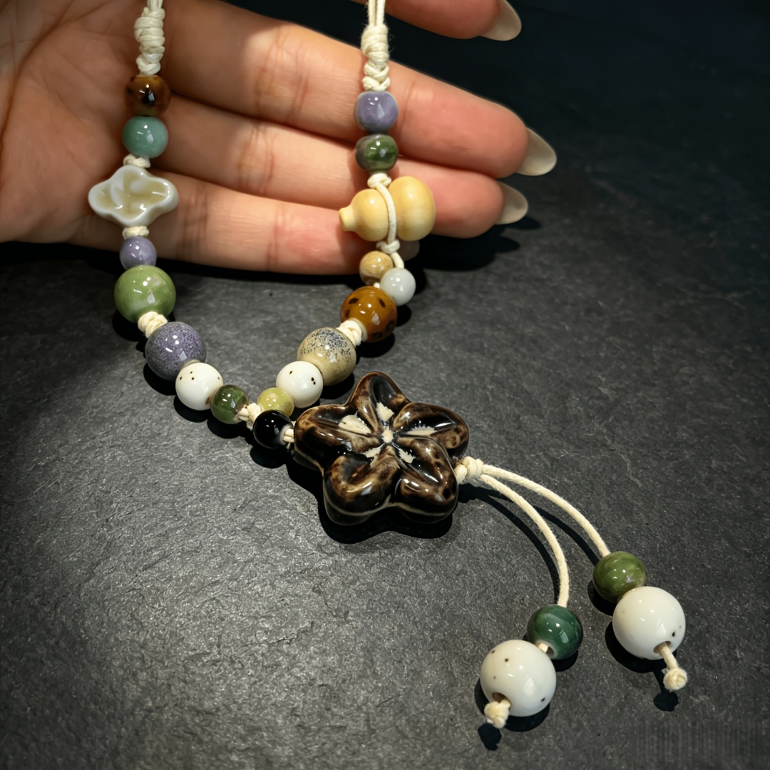 National Style Color-Blocking Beaded Tassel Necklace, Retro Design